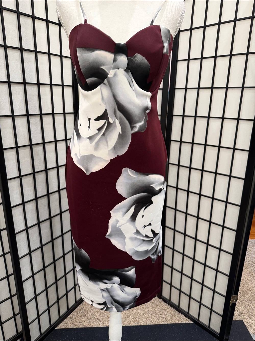 VENUS Burgundy Midi Dress with Large White & Gray Floral Print